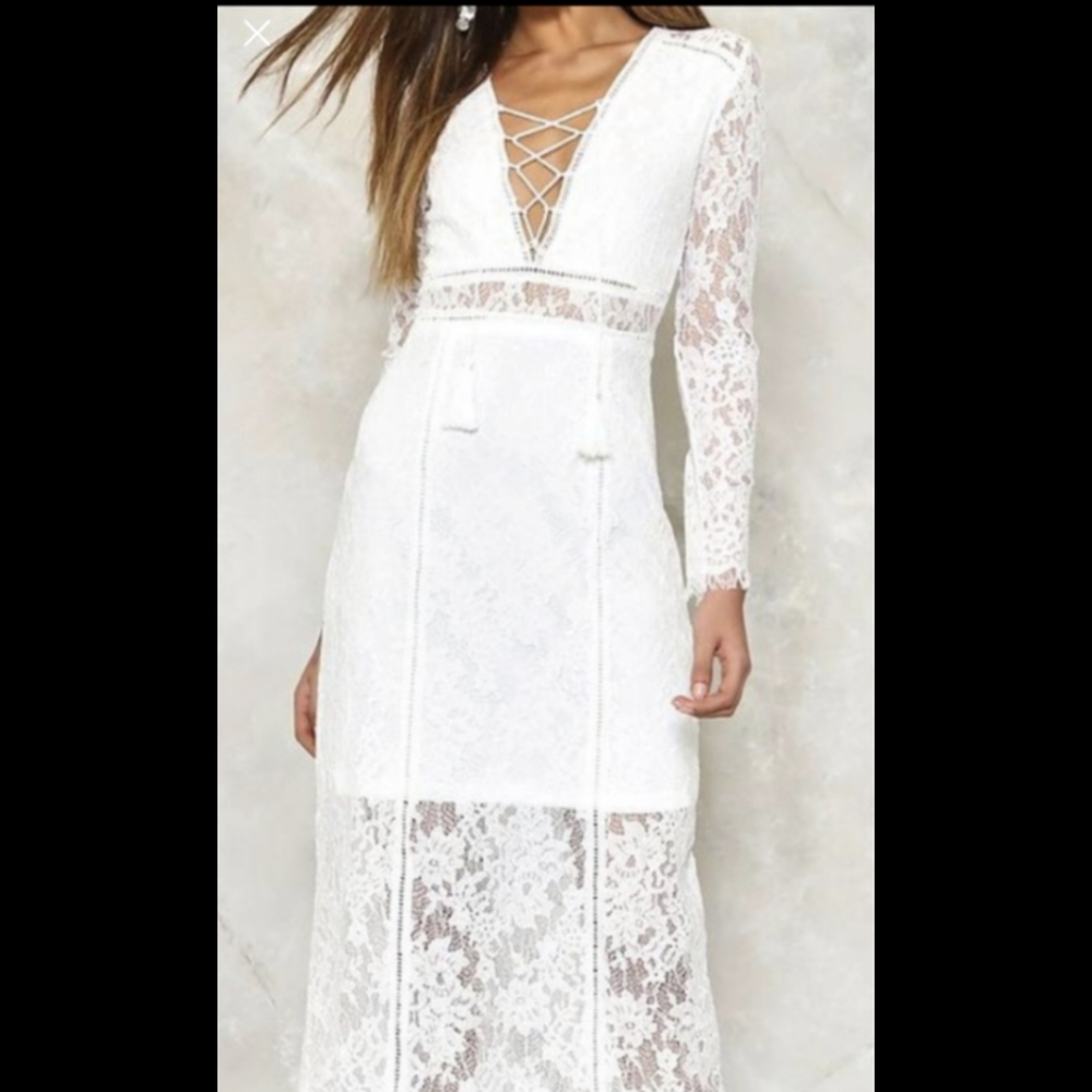White Lace Maxi Dress, Lace Up Front and Open Back
